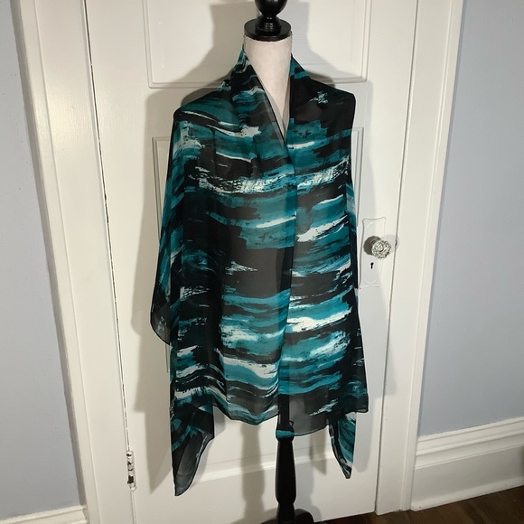 Calvin Klein Aqua & Black Scarf Long Sheer Shawl Versatile - Picture 3 of 4
